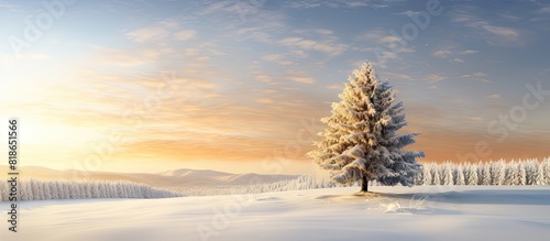 A beautiful winter scene with a golden conifer tree perfectly capturing the serene atmosphere in a copy space image