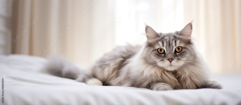 A cute gray Siberian pet cat is stretched out and relaxed on a comfortable bed making it a favorite family companion The background offers ample copy space for an image A cute gray Siberian pet cat is stretched out and relaxed on a comfortable bed making it a favorite family companion The background offers ample copy space for an image