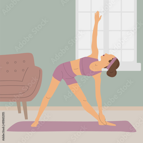 Vector illustration of a woman doing yoga at home, exercise concept in flat style, fitness at home