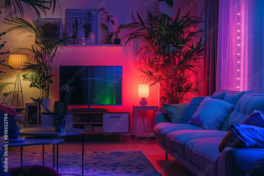 Modern living room interior with plants and colorful neon lights at night.