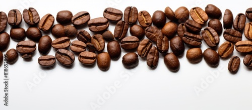 Coffee beans arranged in a single broad line against a white backdrop Room for writing and promotional purposes with copy space available