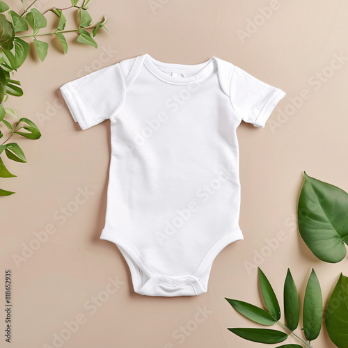 Product photo, White blank fabric baby romper mockup, empty solid color background background