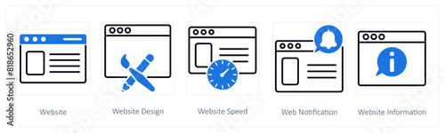 A set of 5 Seo icons as website, website design, website speed