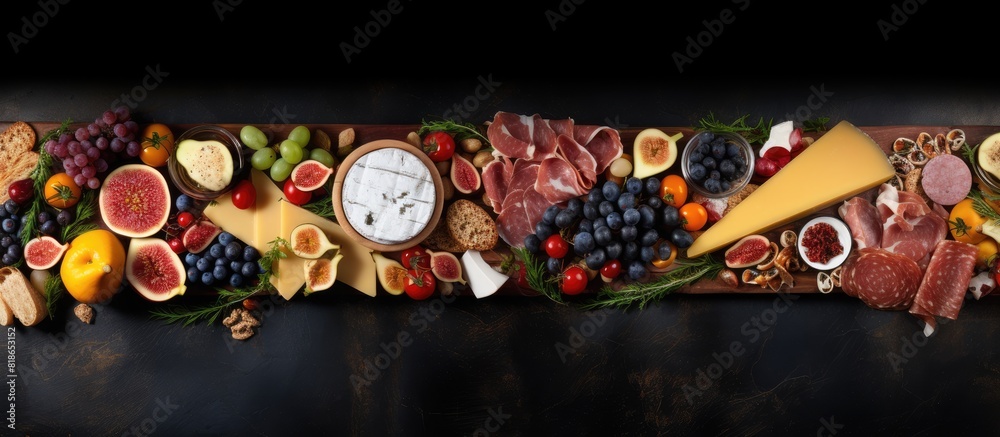 Top view of a dark background with a cheese fruit and meat board on it creating a visually appealing appetizers table with copy space