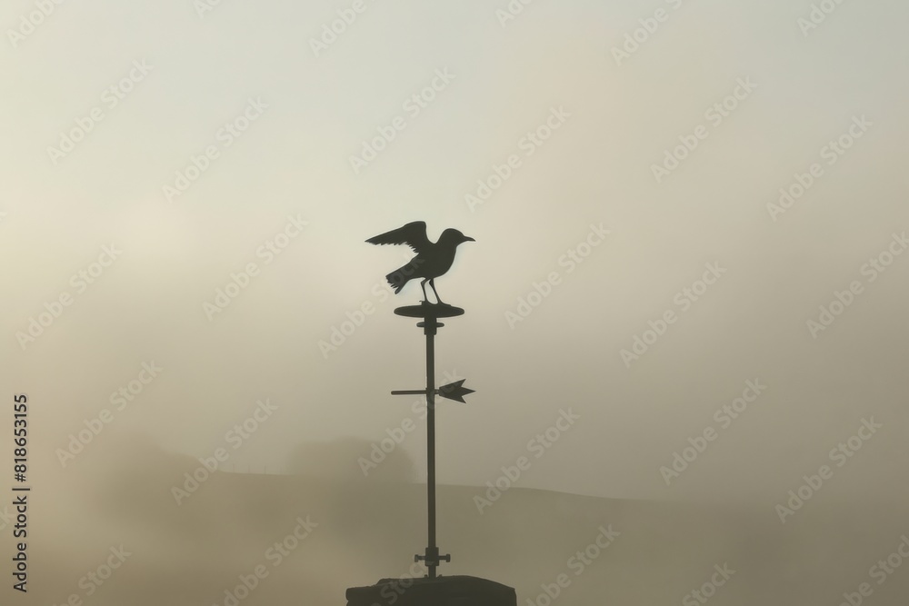 Weather Vane Atop a Roof Enveloped in Thick Smog at Dusk