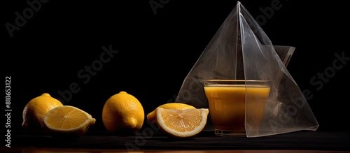 A close up square image showcasing a dark background with a transparent mug two triangular pyramid tea bags filled with black tea and two vibrant yellow fresh lemons The shot is illuminated by natura