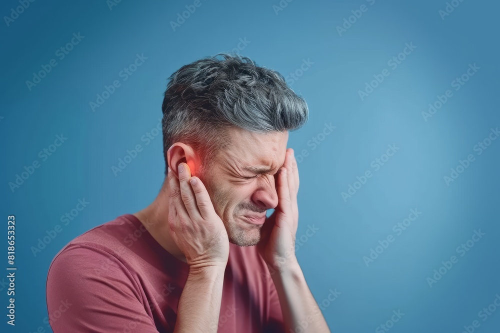 A American man in his thirties is holding the side of his ear and is in pain A American man in his thirties is holding the side of his ear and is in pain