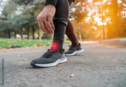 A man holds his injured ankle while running showing pain around the joint area