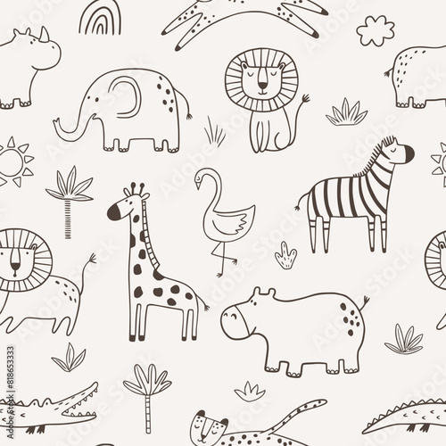 Vector seamless pattern with cartoon safari jungle animals zebra, lion, elephant, crocodile, giraffe, leopard, rhinoceros, hippopotamus.  Outline hand drawn print. Safari animals in doodl style