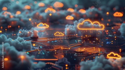  IoT devices offloading data to remote cloud servers, represented by a network of devices connected to floating, illuminated cloud hubs, showcasing the power of cloud computing photo
