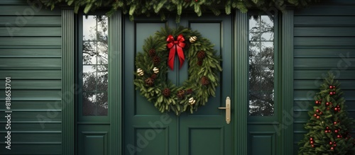 Interior decoration featuring a Christmas door wreath composed of lush green fir branches perfect for adding a festive touch during the holidays Copy space image © vxnaghiyev