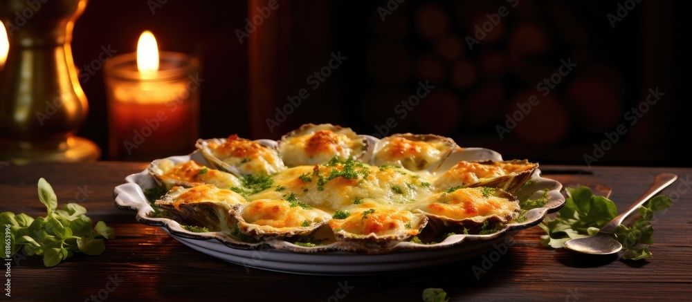 A close up photo of oysters with a cheesy gratin topping on a plate The dish is served on a painted wooden table with a green garnish There is ample copy space in the image A close up photo of oysters with a cheesy gratin topping on a plate The dish is served on a painted wooden table with a green garnish There is ample copy space in the image