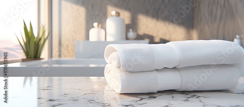 Marble background with a blurred interior of the bathroom and white spa towels providing space for copy