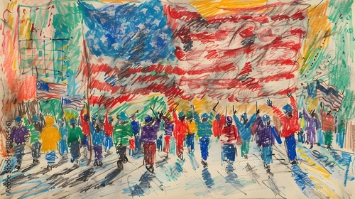 Childlike crayon drawing of an Independence Day parade