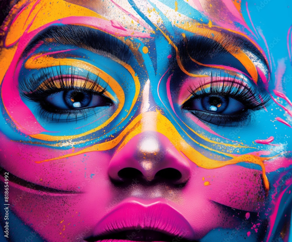 Close-up of a face with vibrant, colorful neon magenta and cyan paint splashes creating an artistic, abstract look. Bright makeup with attention on the eyes and lips.