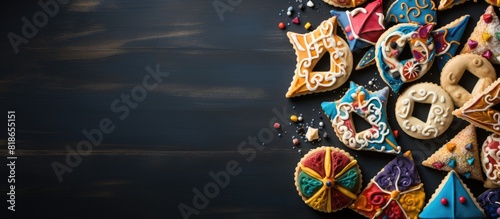 Copy space image of a festive Jewish Purim holiday background featuring delicious hamantaschen or hamans ears cookies a colorful carnival mask and a lively noisemaker photo