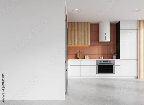 Luxury home kitchen interior with cooking cabinet and mockup wall