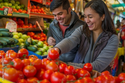 A man and woman happily selecting fresh tomatoes at a bustling produce market