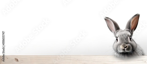 Easter bunny with gray fur gazing at the signboard on a white background Copy space image