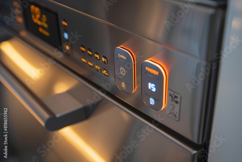 A detailed view of the control panel of a modern stainless steel dishwasher with illuminated buttons and a digital display
