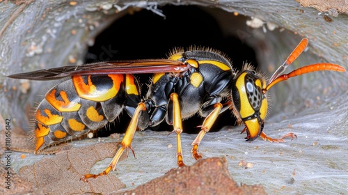 Hyperrealistic close up of wasp or asian hornet on nest, high quality light photo with empty space