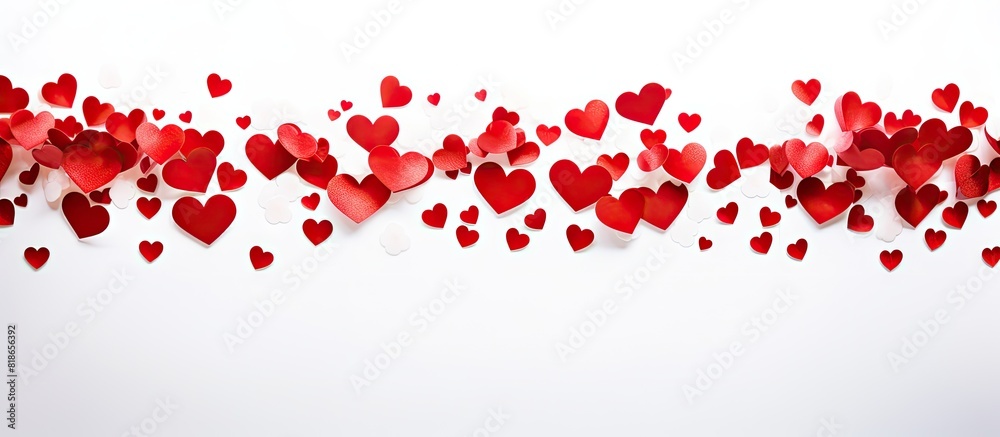 Close up copy space image of a white background adorned with a cluster of small red hearts symbolizing love and the joyous atmosphere of holidays like Valentine s Day Close up copy space image of a white background adorned with a cluster of small red hearts symbolizing love and the joyous atmosphere of holidays like Valentine s Day