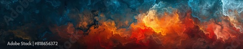 Vivid Abstract Horizontal Artwork with Fiery and Icy Colors Engulfed in Textural Contrast