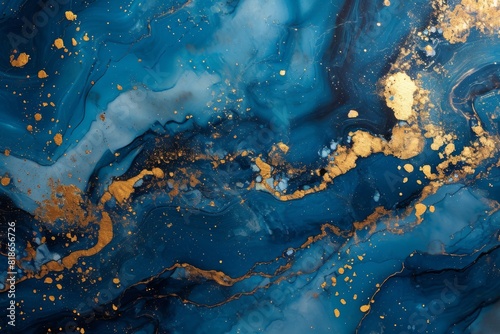 Abstract blue color marble texture with gold splashes, blue luxury background, Ai generated