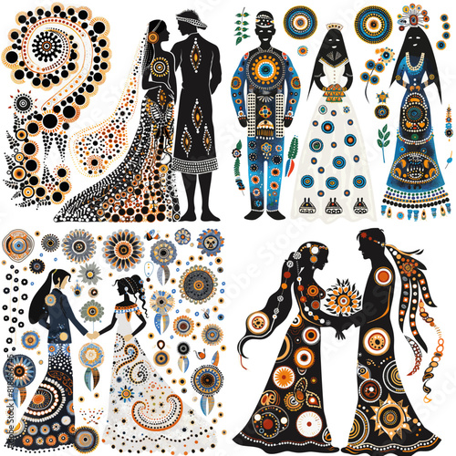 A collection of four different silhouettes of people, including a bride and groom, and a couple of other people. silhouette of a couple in dark tones.