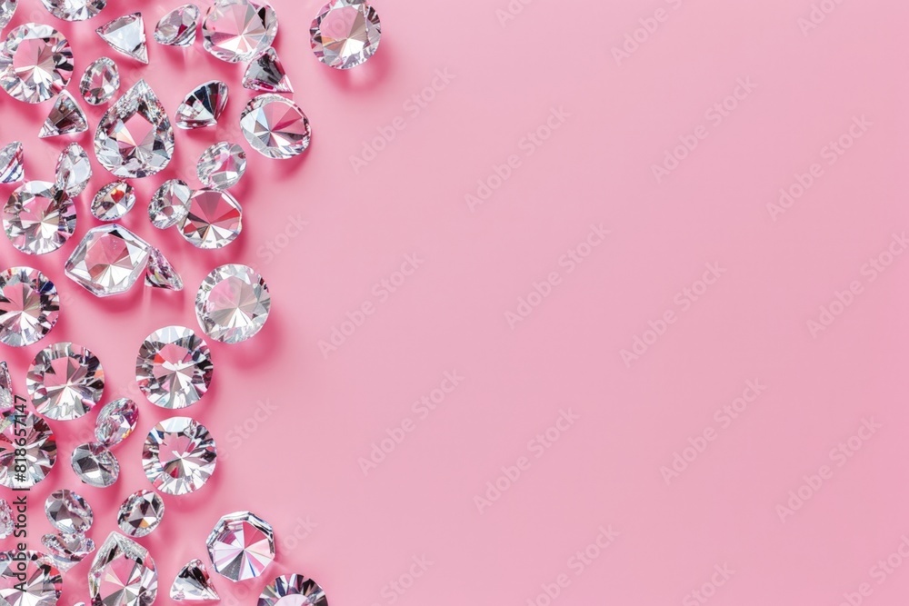 A collection of dazzling diamonds scattered across a soft pink background, creating a luxurious and elegant aesthetic. horizontal banner, copy space A collection of dazzling diamonds scattered across a soft pink background, creating a luxurious and elegant aesthetic. horizontal banner, copy space