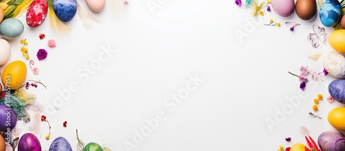 Colorful Easter eggs being painted and decorated with paints pens and decorations on a white background The eggs are meant to be beautifully colored for the holiday celebration This top view panorami photo
