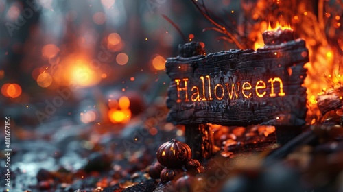 A wooden sign precariously balanced on a mound of burning firewood. horizontal banner for Halloween, copy space