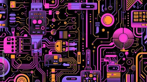 A detailed view of a computer circuit board featuring a multitude of electronic components including resistors, capacitors, transistors, and integrated circuits.