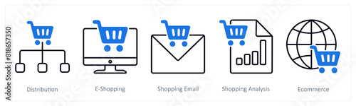 A set of 5 Shopping icons as distribution, e-shopping, shopping email