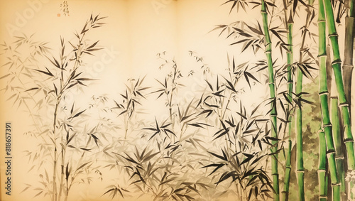 A painting of bamboo stalks with long green leaves against a beige background.

