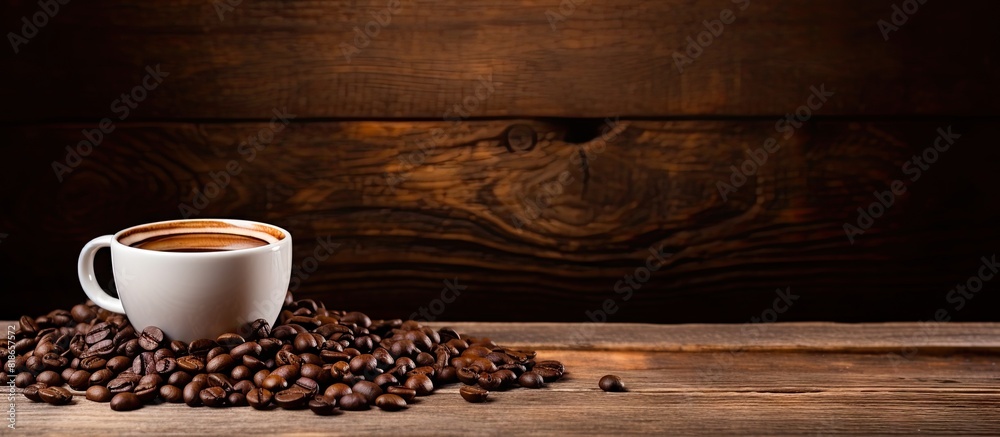 A copy space image displays a cappuccino cup filled with aromatic roasted coffee beans sitting on a rustic wooden table A copy space image displays a cappuccino cup filled with aromatic roasted coffee beans sitting on a rustic wooden table