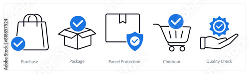 A set of 5 Shopping icons as purchase, package, parcel protection