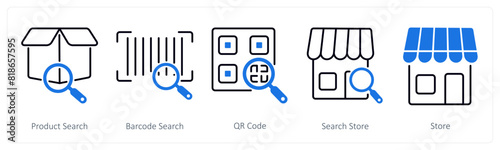 A set of 5 Shopping icons as product search, barcode search, qr code