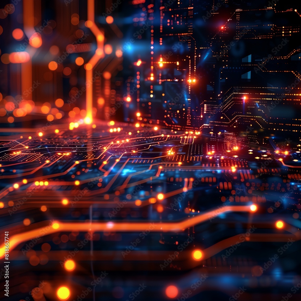 computer circuit board with many lights and lines on it