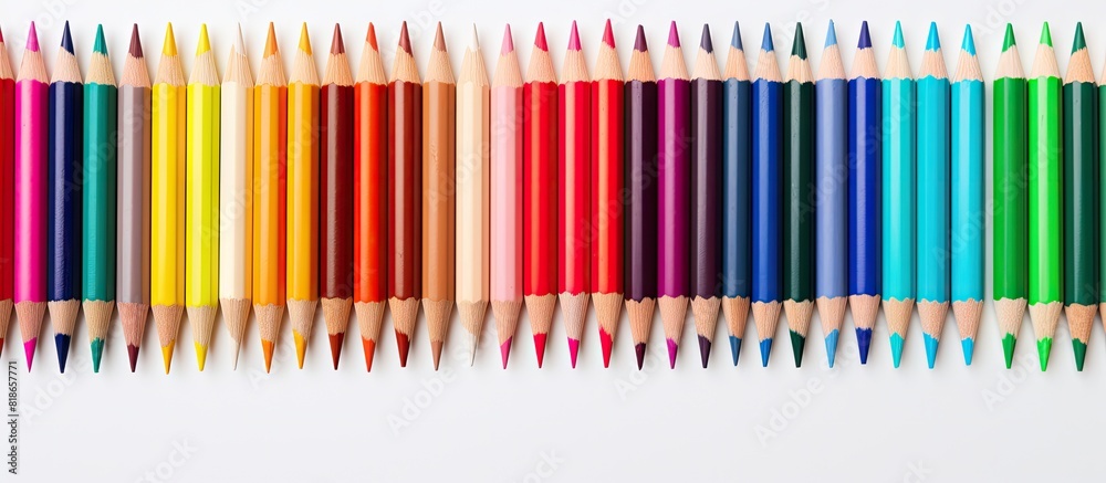 Color pencils arranged on a blank white drawing paper providing ample copy space for creativity Color pencils arranged on a blank white drawing paper providing ample copy space for creativity