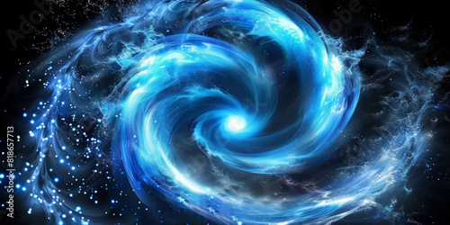  blue spiral galaxy on black background, swirling blue light and white glittery swirls. Blue spiral water effect