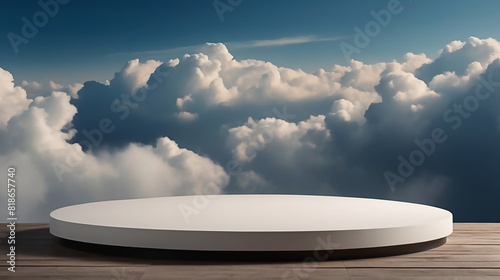 White clouds on round rim podium platform. With copy text space. Mock up template for product presentation