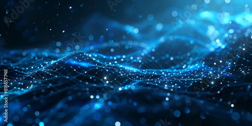 blue abstract background with lines and dots, with a blurry background of blue lights and a wavy wave .