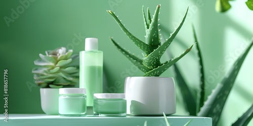 aloe vera cosmetic  green table with a cactus and some bottles of lotion