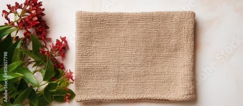 Handcrafted DIY knitted jute washcloth on craft paper embodying the concept of zero waste Provides ample copy space for text