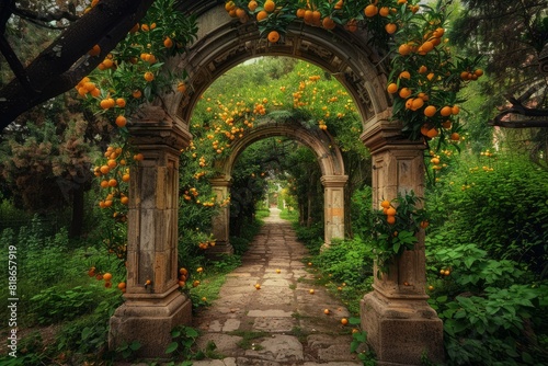 An ancient stone archway completely covered in vibrant orange blossoms  creating a striking contrast between the architecture and nature