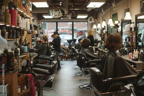 A busy barber shop filled with customers getting haircuts from multiple hairstylists