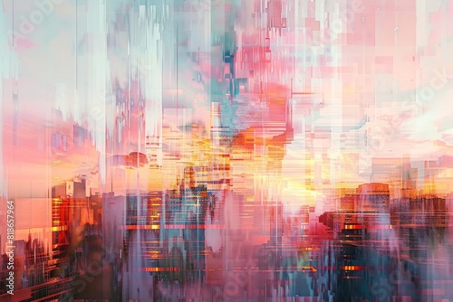 Abstract painting depicting a cityscape with vibrant colors and fragmented pixels  capturing a sunset in the background