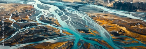 Glacial River Streams from Above, Aerial View of Icelandic Landscapes Generative AI