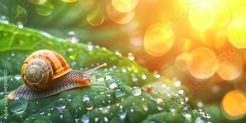 snail is sitting on a green leaf with water droplets on it's surface and a bright background